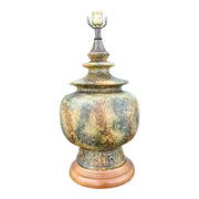 Vintage Ceramic and Wood Olive Green Earth-Tone Table Lamp