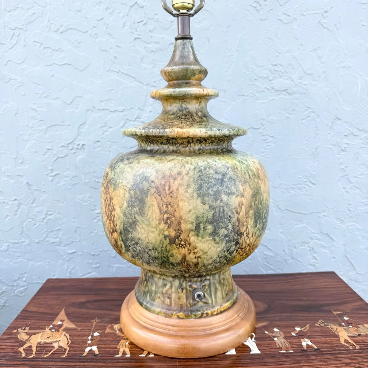 Vintage Ceramic and Wood Olive Green Earth-Tone Table Lamp