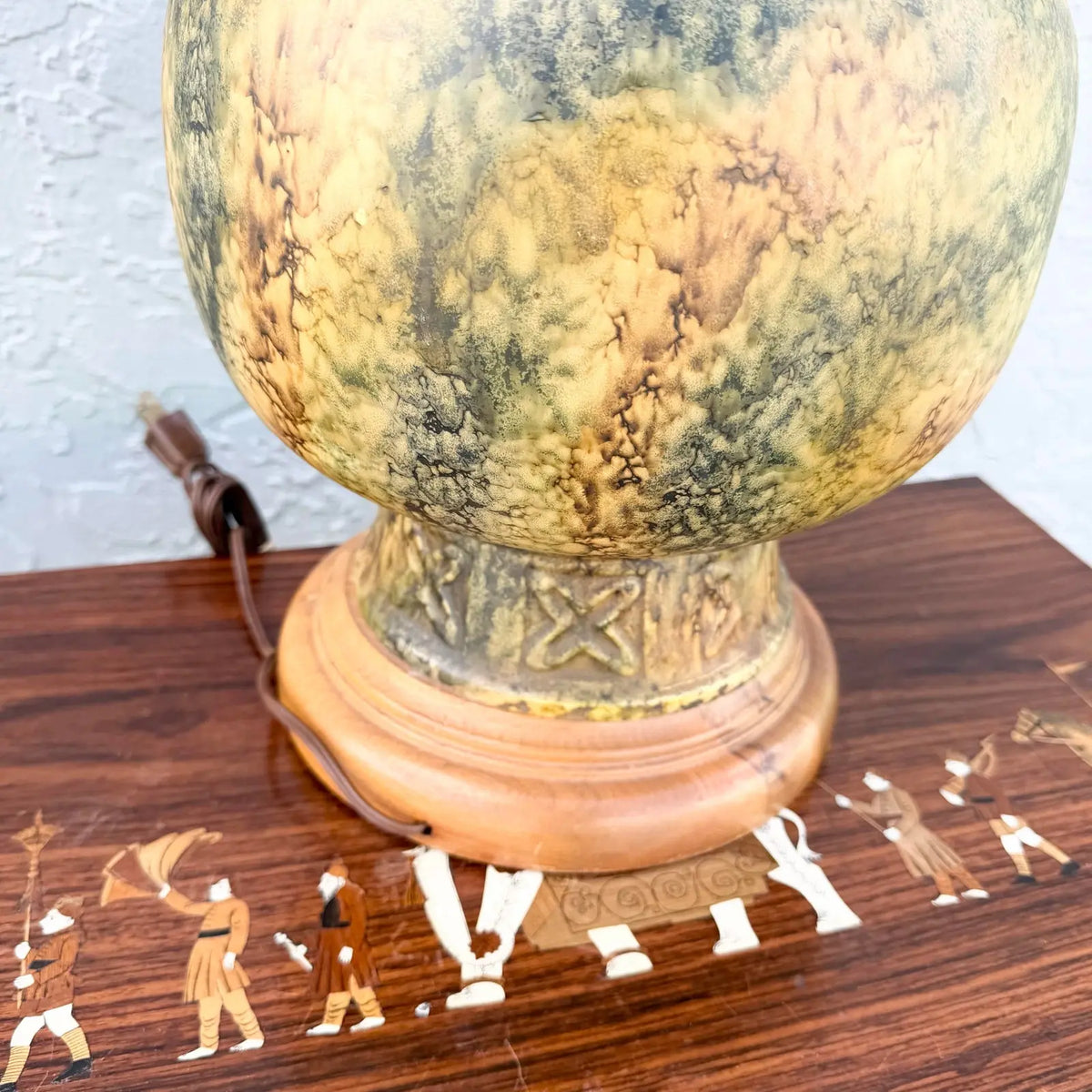 Vintage Ceramic and Wood Olive Green Earth-Tone Table Lamp