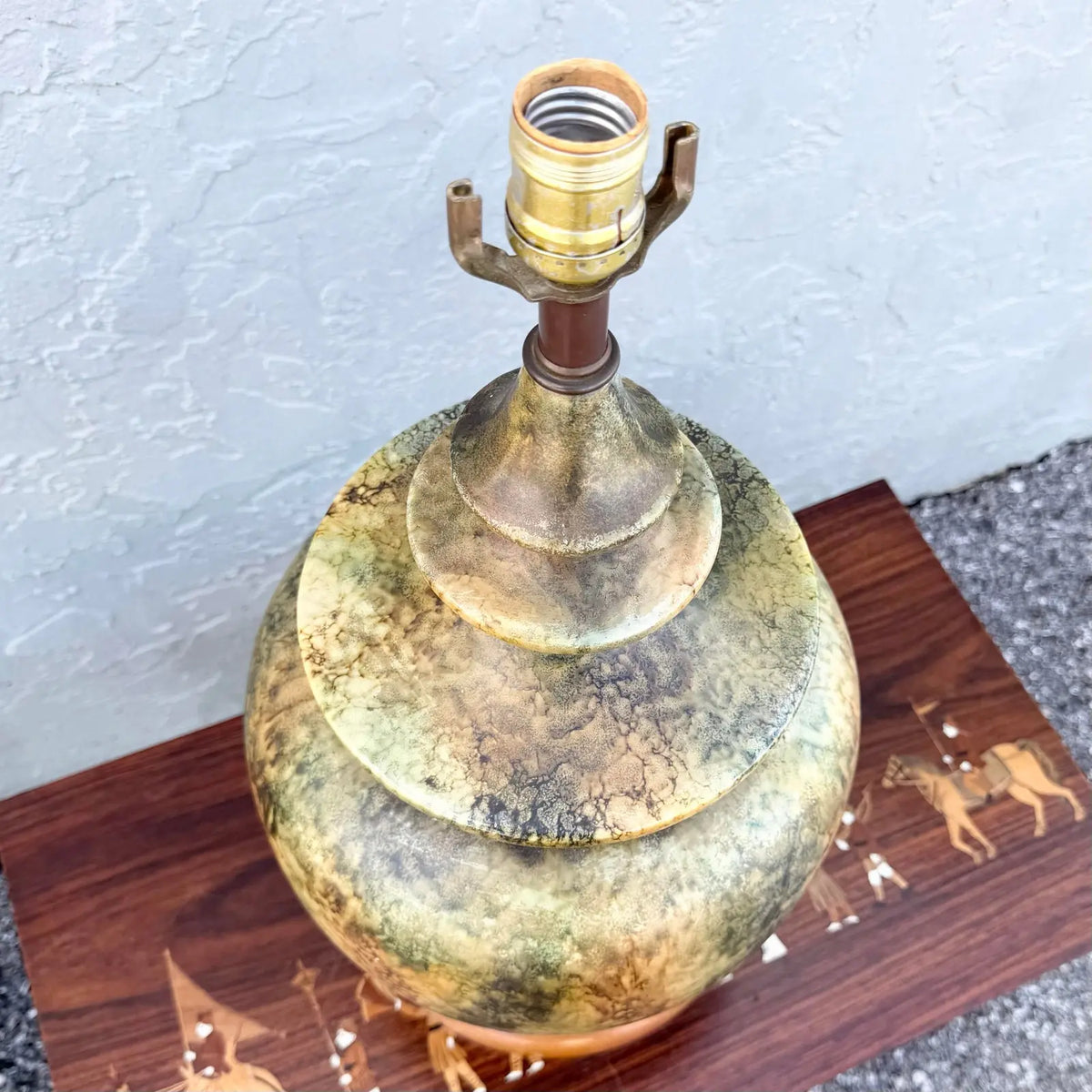 Vintage Ceramic and Wood Olive Green Earth-Tone Table Lamp