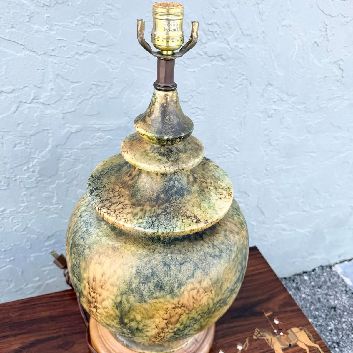 Vintage Ceramic and Wood Olive Green Earth-Tone Table Lamp