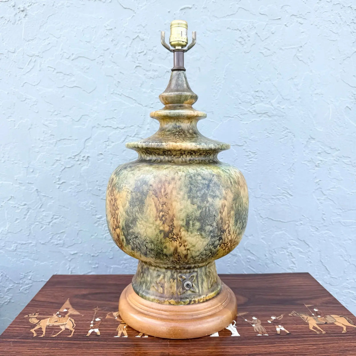 Vintage Ceramic and Wood Olive Green Earth-Tone Table Lamp