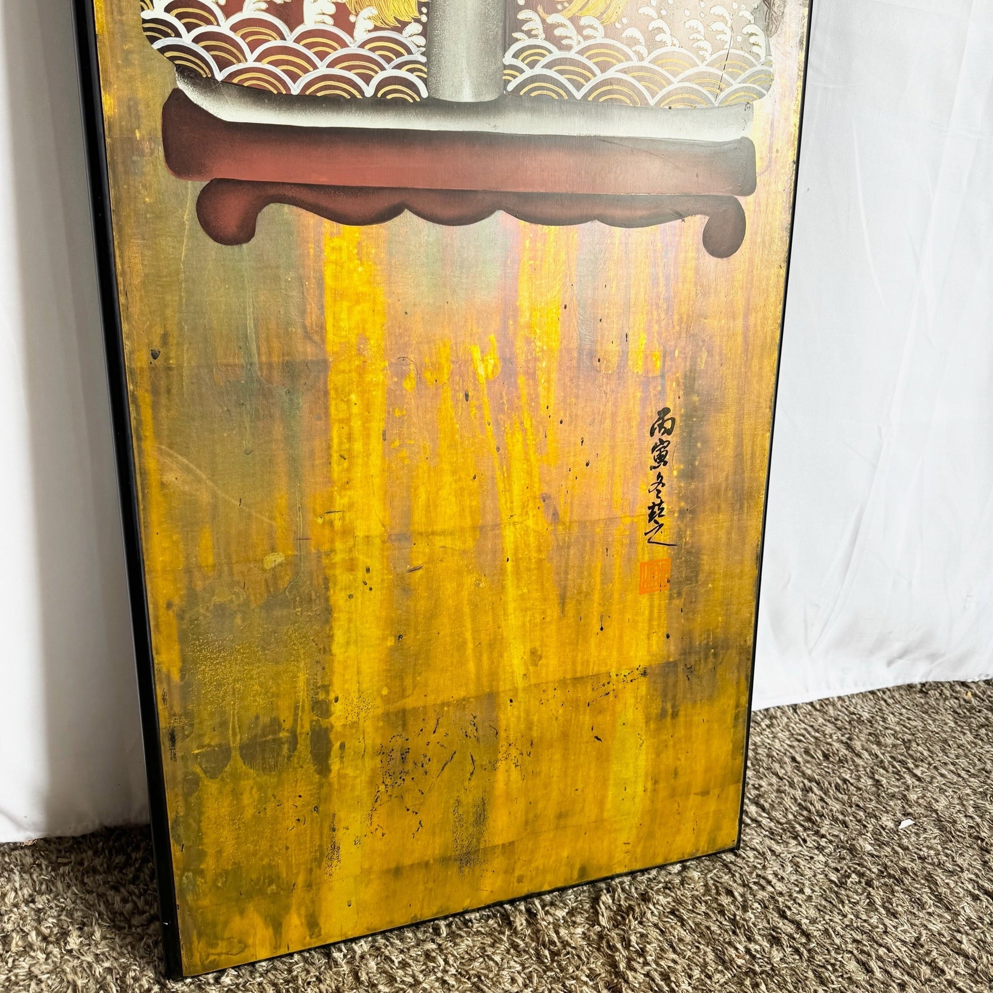 Vintage Chinese Ancestor Portrait on Wood Panel - Dolphin & Flamingo