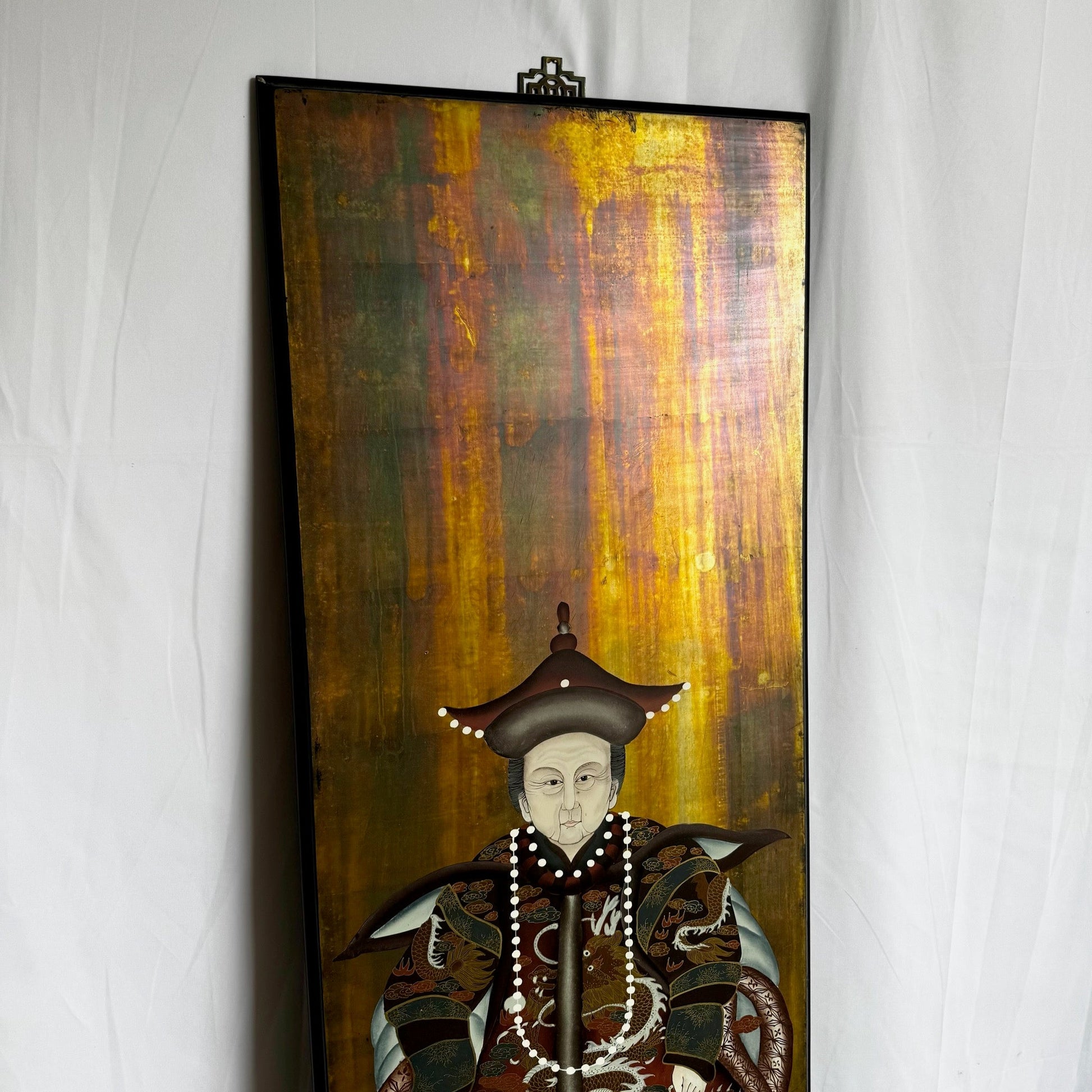 Vintage Chinese Ancestor Portrait on Wood Panel - Dolphin & Flamingo