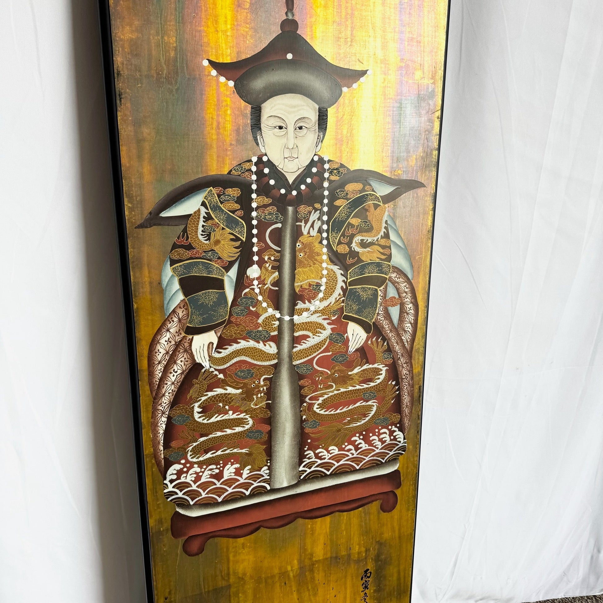 Vintage Chinese Ancestor Portrait on Wood Panel - Dolphin & Flamingo
