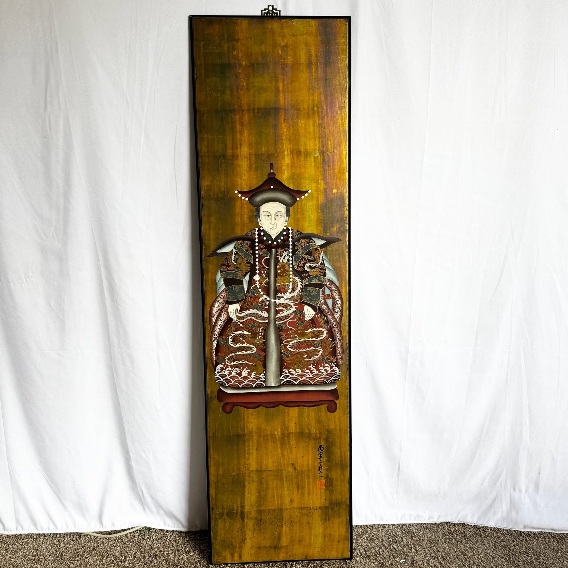 Vintage Chinese Ancestor Portrait on Wood Panel - Dolphin & Flamingo