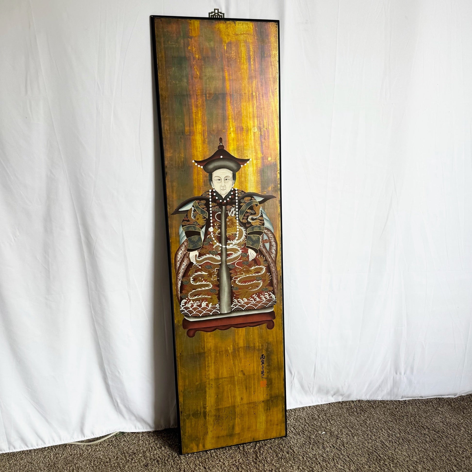 Vintage Chinese Ancestor Portrait on Wood Panel - Dolphin & Flamingo