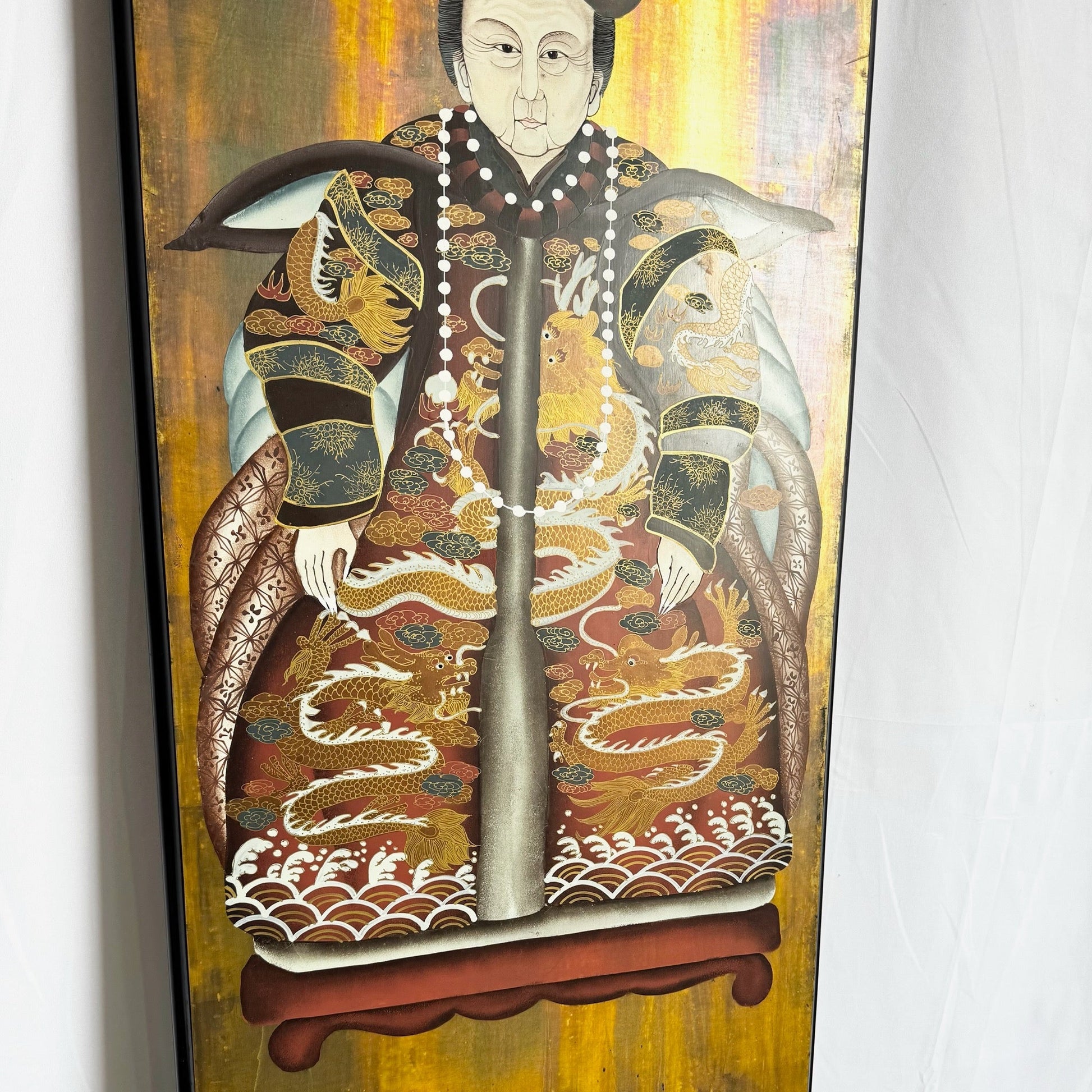 Vintage Chinese Ancestor Portrait on Wood Panel - Dolphin & Flamingo