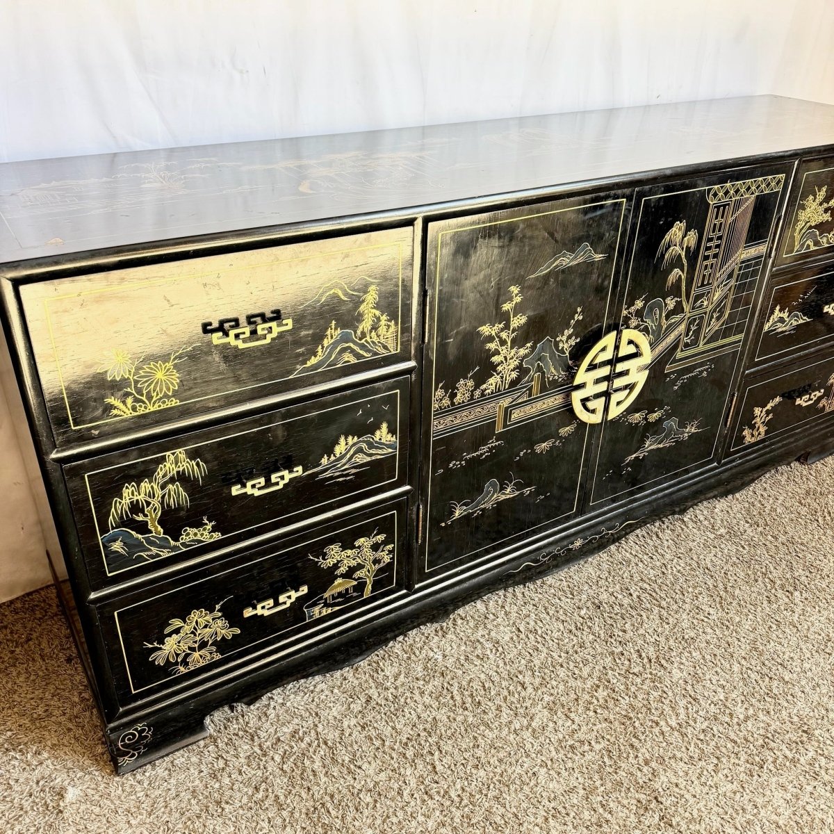 Vintage Chinese Black and Gold Hand Painted Dresser With Mirrors - 3 Pieces - Dolphin & Flamingo