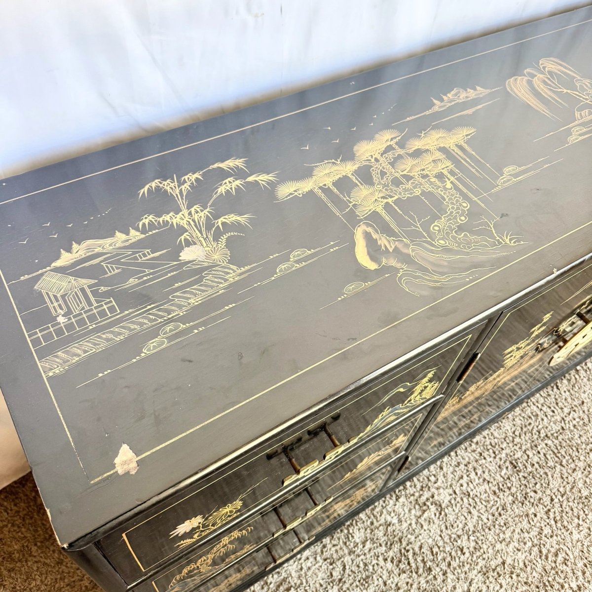 Vintage Chinese Black and Gold Hand Painted Dresser With Mirrors - 3 Pieces - Dolphin & Flamingo