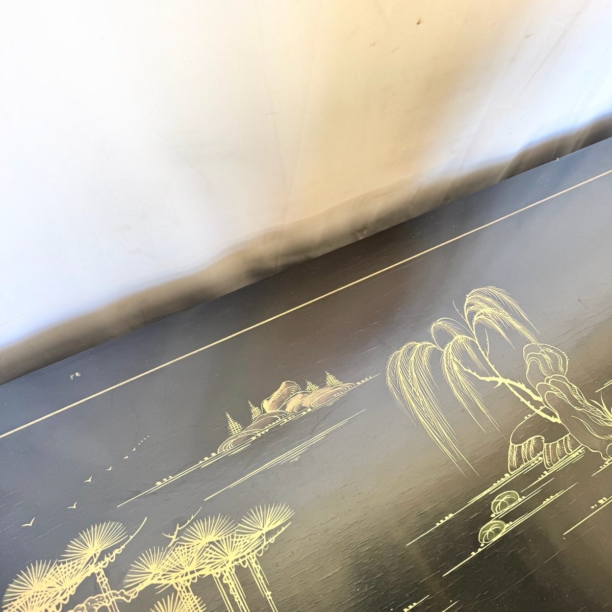 Vintage Chinese Black and Gold Hand Painted Dresser With Mirrors - 3 Pieces - Dolphin & Flamingo