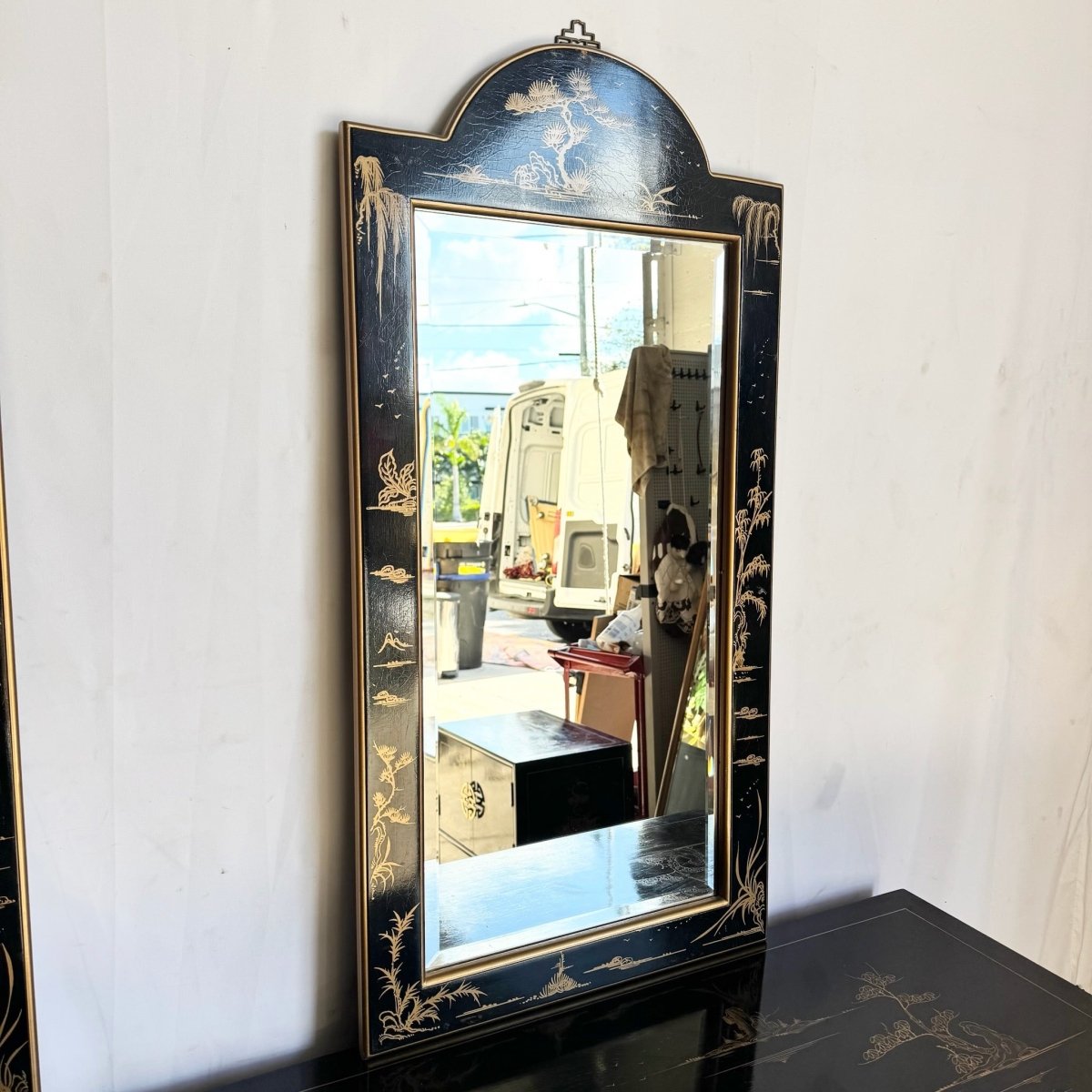 Vintage Chinese Black and Gold Hand Painted Dresser With Mirrors - 3 Pieces - Dolphin & Flamingo