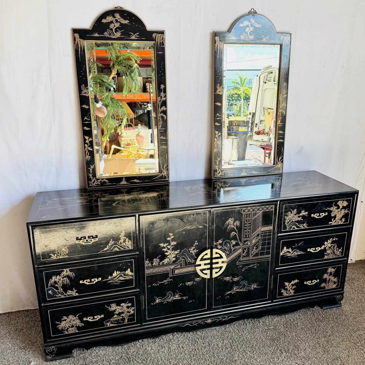 Vintage Chinese Black and Gold Hand Painted Dresser With Mirrors - 3 Pieces - Dolphin & Flamingo