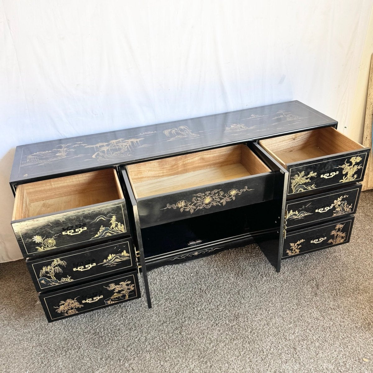 Vintage Chinese Black and Gold Hand Painted Dresser With Mirrors - 3 Pieces - Dolphin & Flamingo
