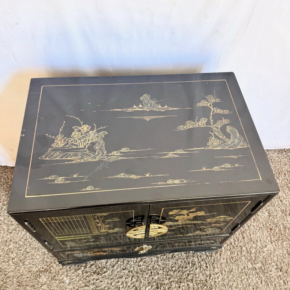 Vintage Chinese Black and Gold Hand Painted Nightstand - Dolphin & Flamingo