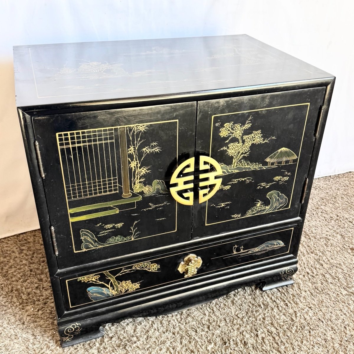 Vintage Chinese Black and Gold Hand Painted Nightstand - Dolphin & Flamingo