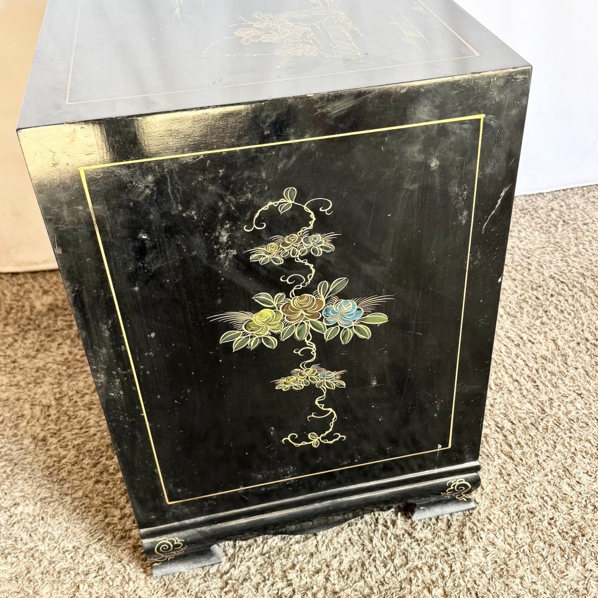 Vintage Chinese Black and Gold Hand Painted Nightstand - Dolphin & Flamingo