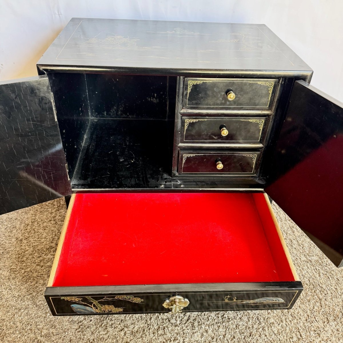 Vintage Chinese Black and Gold Hand Painted Nightstand - Dolphin & Flamingo