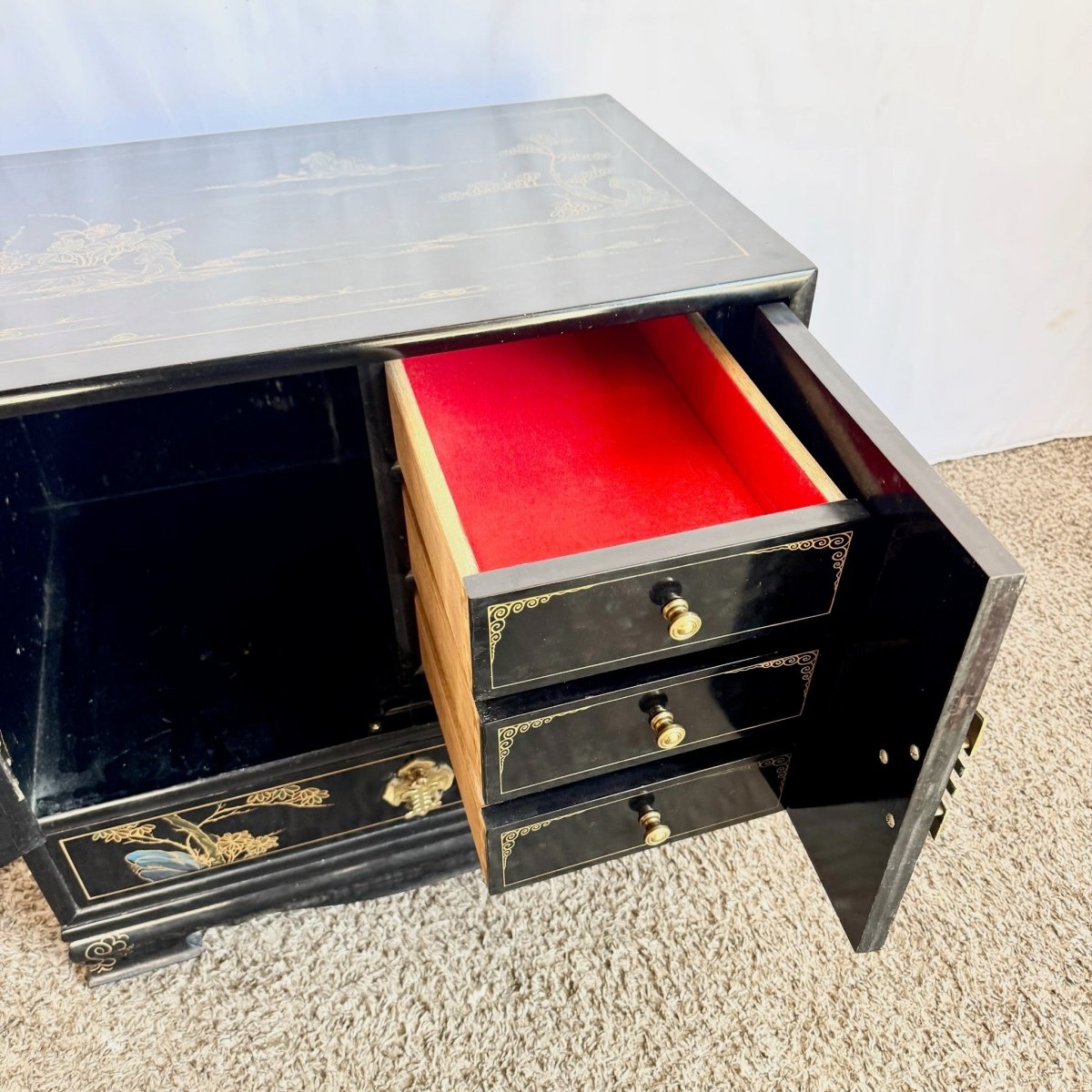 Vintage Chinese Black and Gold Hand Painted Nightstand - Dolphin & Flamingo