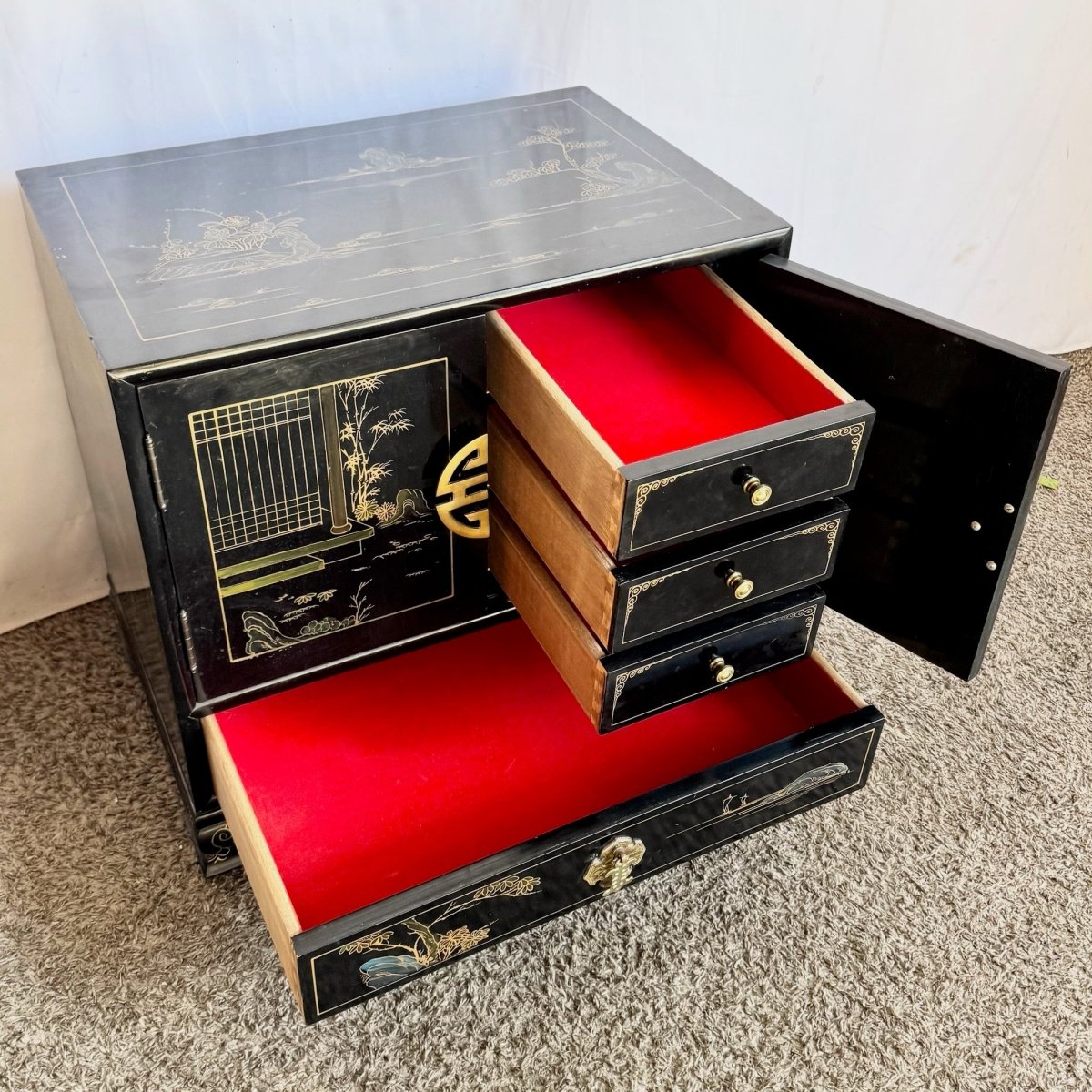 Vintage Chinese Black and Gold Hand Painted Nightstand - Dolphin & Flamingo