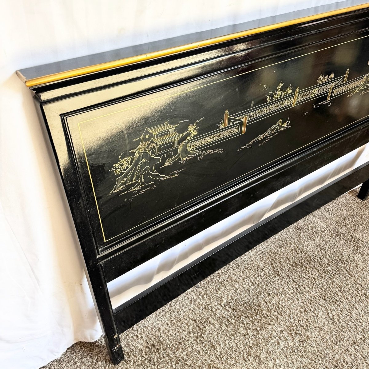 Vintage Chinese Black and Gold Hand Painted Queen Headboard - Dolphin & Flamingo
