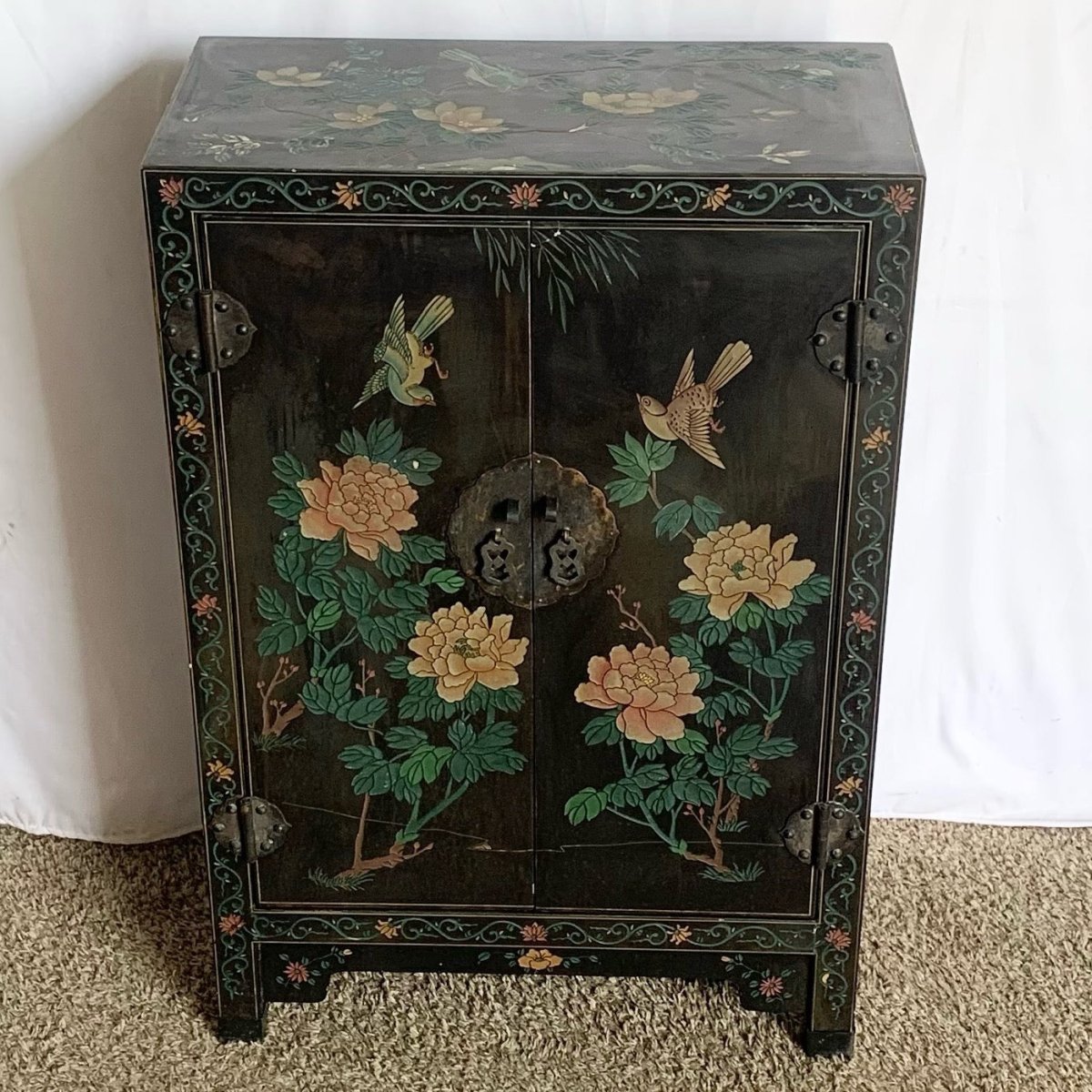 Vintage Chinese Black Hand Carved Cabinet - Dolphin & Flamingo