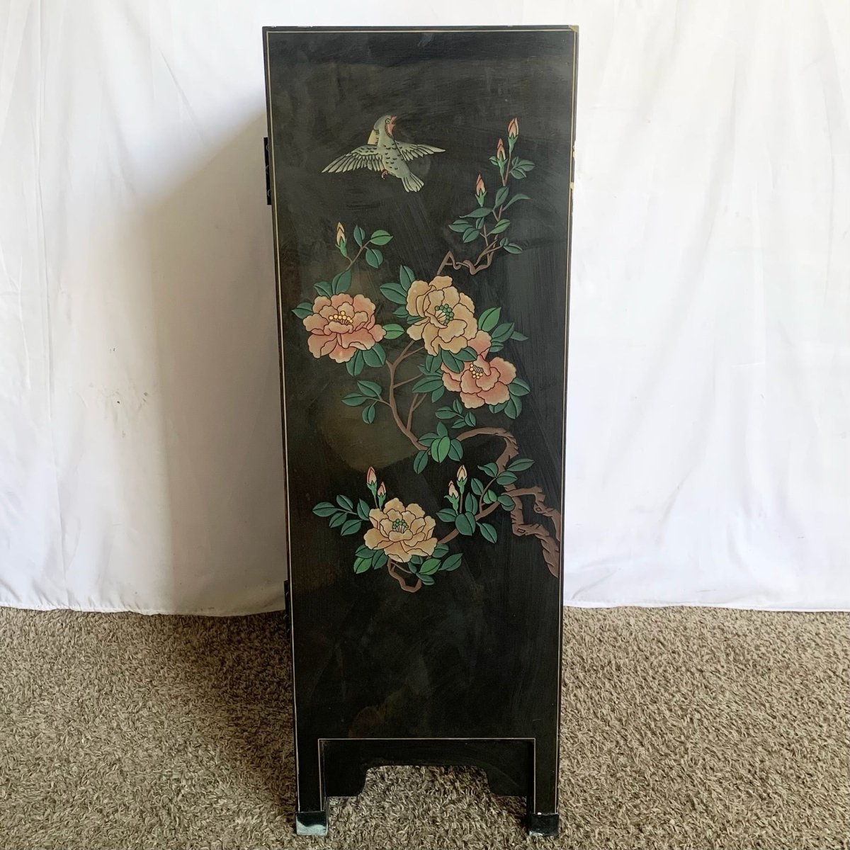 Vintage Chinese Black Hand Carved Cabinet - Dolphin & Flamingo