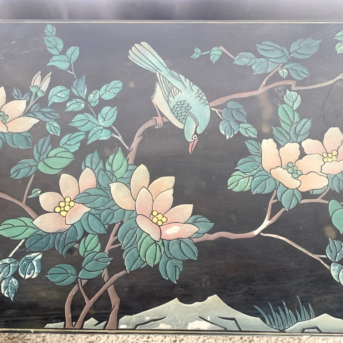 Vintage Chinese Black Hand Carved Cabinet - Dolphin & Flamingo