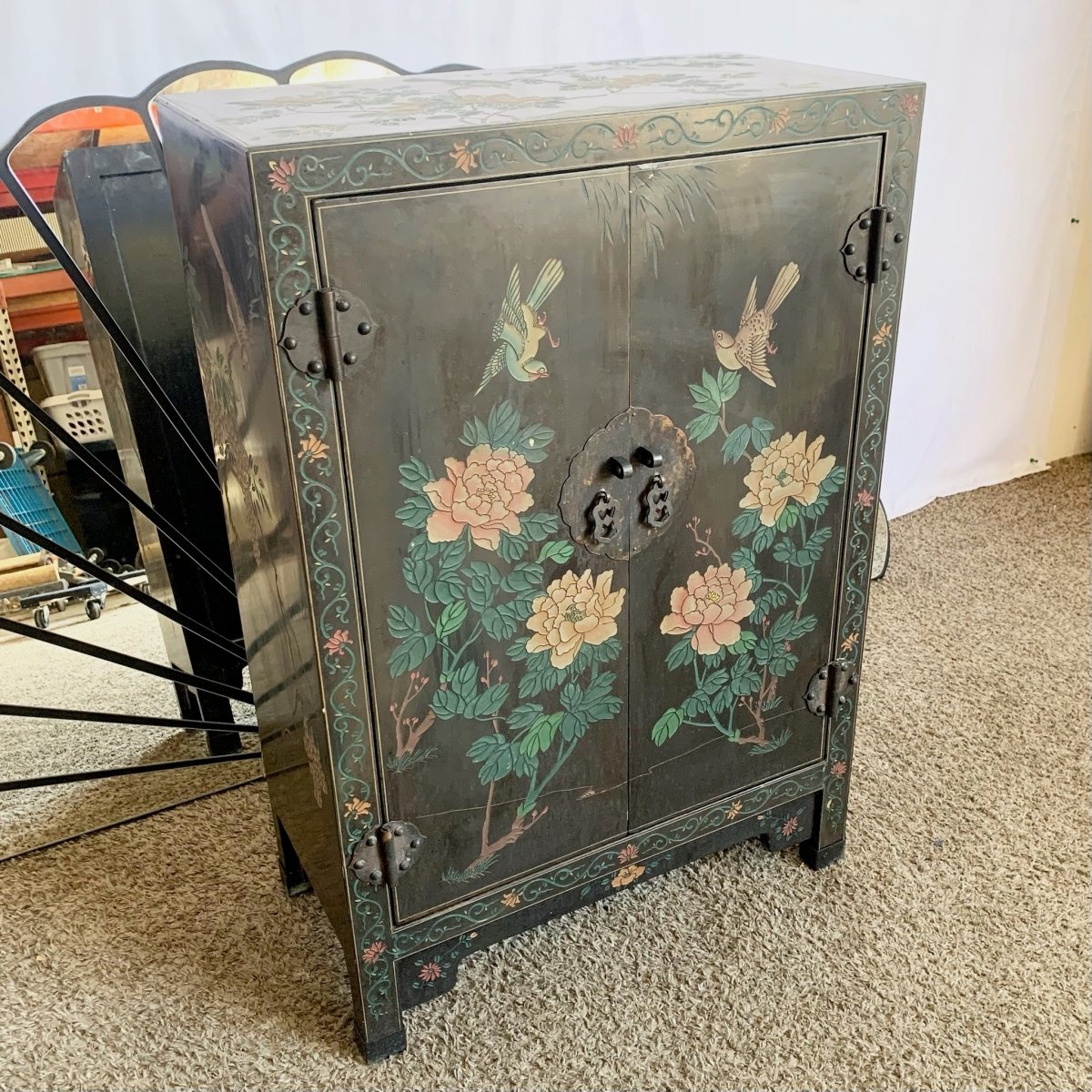 Vintage Chinese Black Hand Carved Cabinet - Dolphin & Flamingo