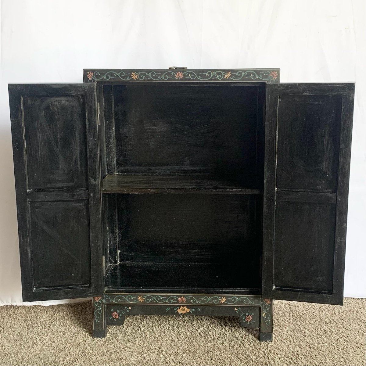 Vintage Chinese Black Hand Carved Cabinet - Dolphin & Flamingo