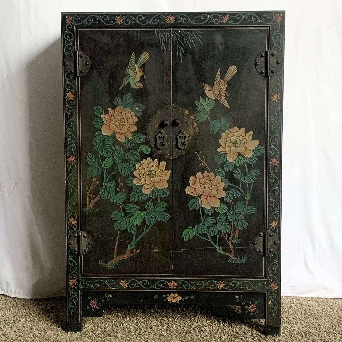 Vintage Chinese Black Hand Carved Cabinet - Dolphin & Flamingo