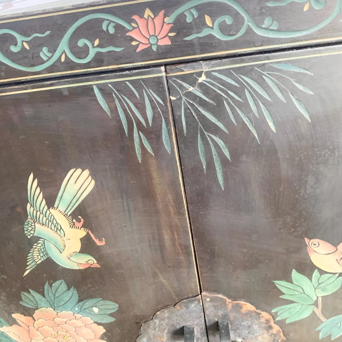 Vintage Chinese Black Hand Carved Cabinet - Dolphin & Flamingo