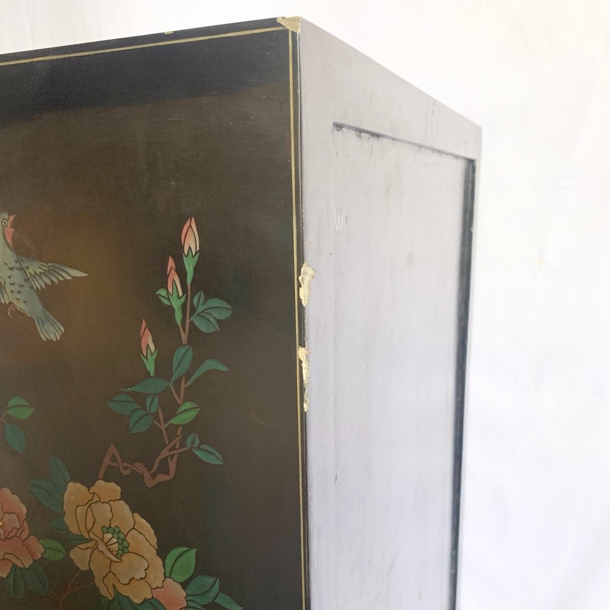Vintage Chinese Black Hand Carved Cabinet - Dolphin & Flamingo