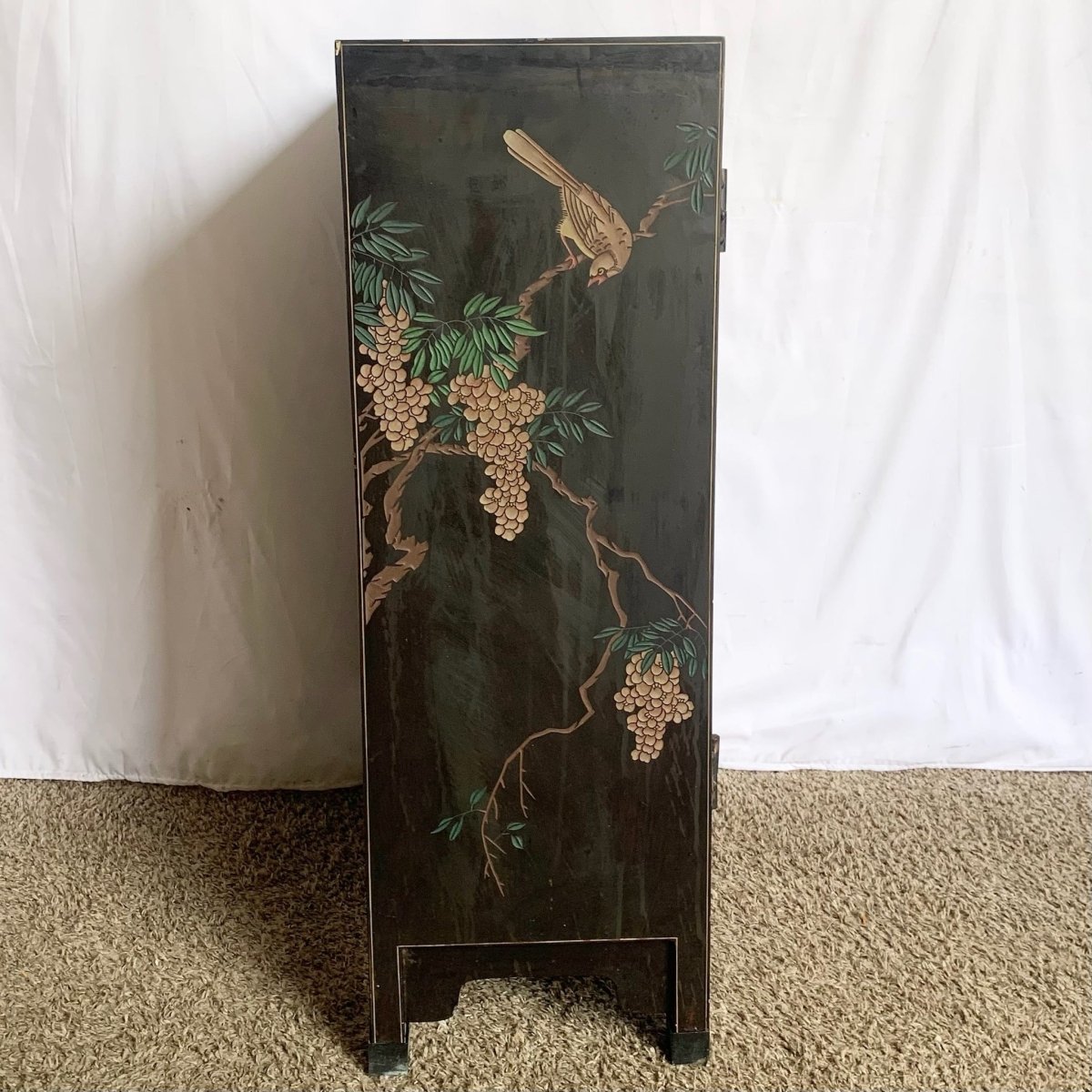 Vintage Chinese Black Hand Carved Cabinet - Dolphin & Flamingo