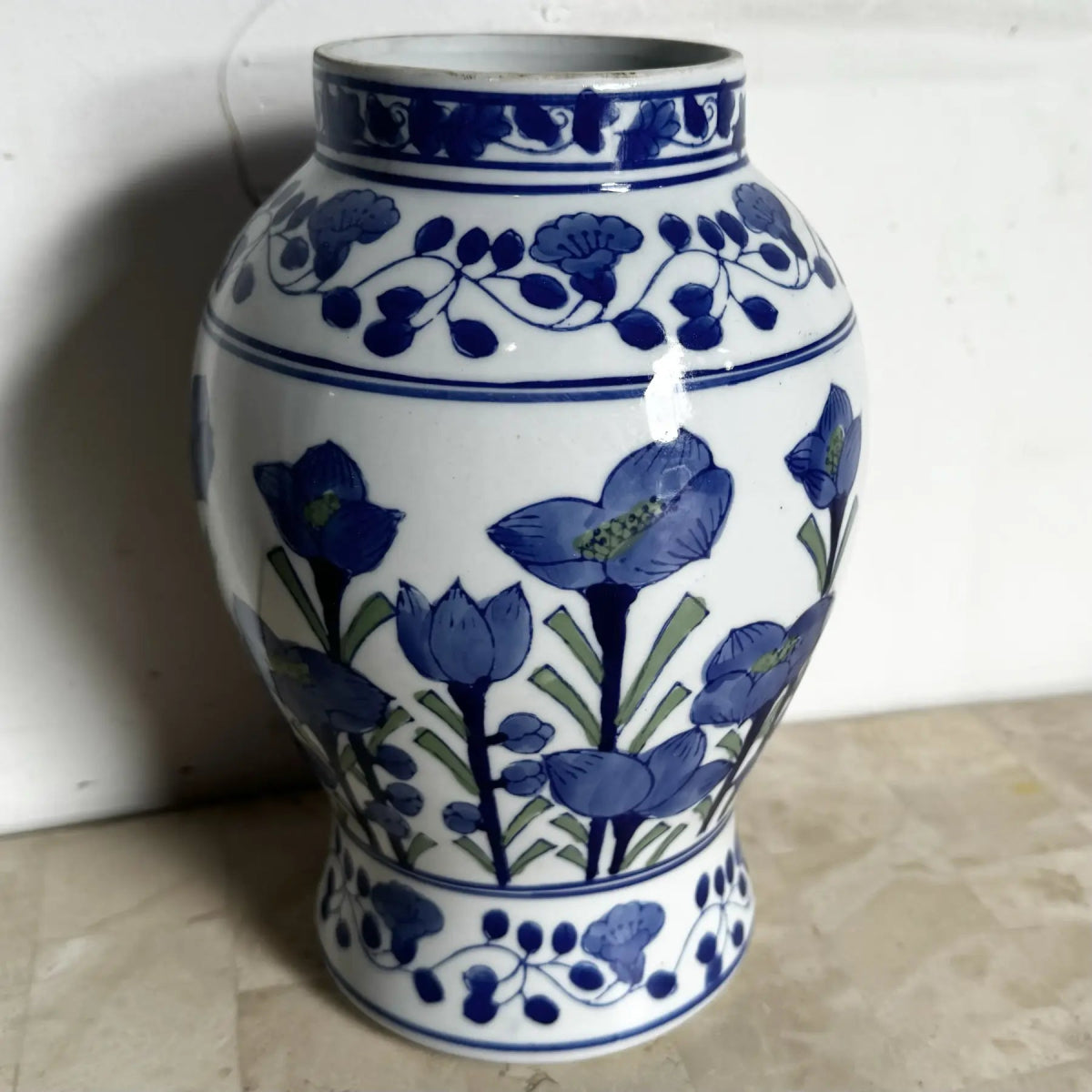 Vintage Chinese Blue and White Porcelain Vase - Dolphin & Flamingo