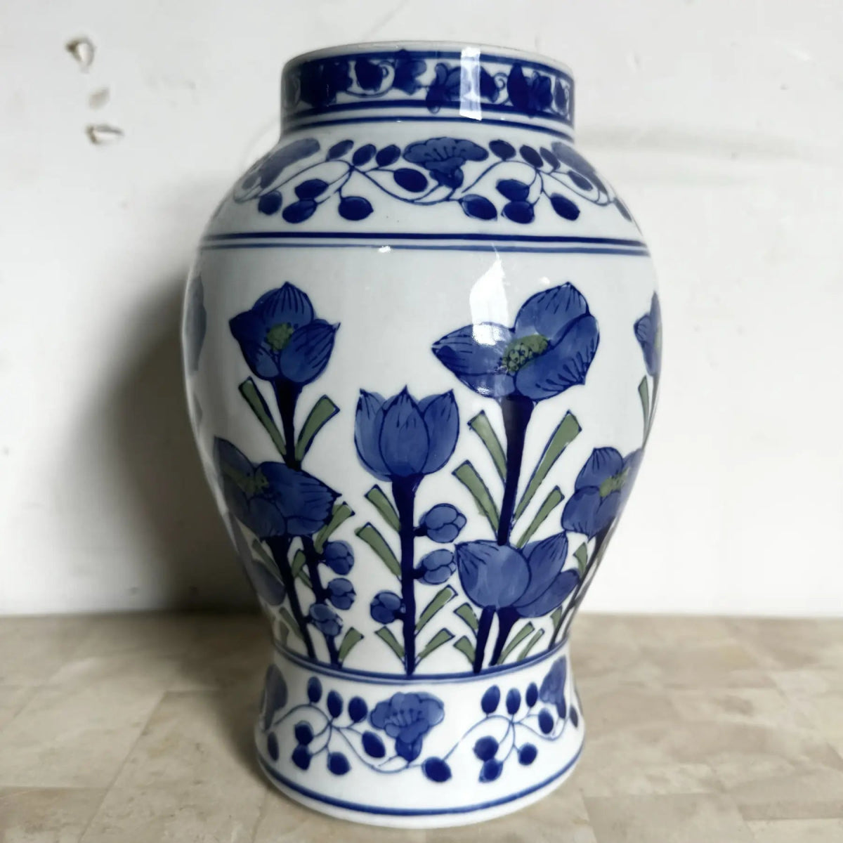 Vintage Chinese Blue and White Porcelain Vase - Dolphin & Flamingo