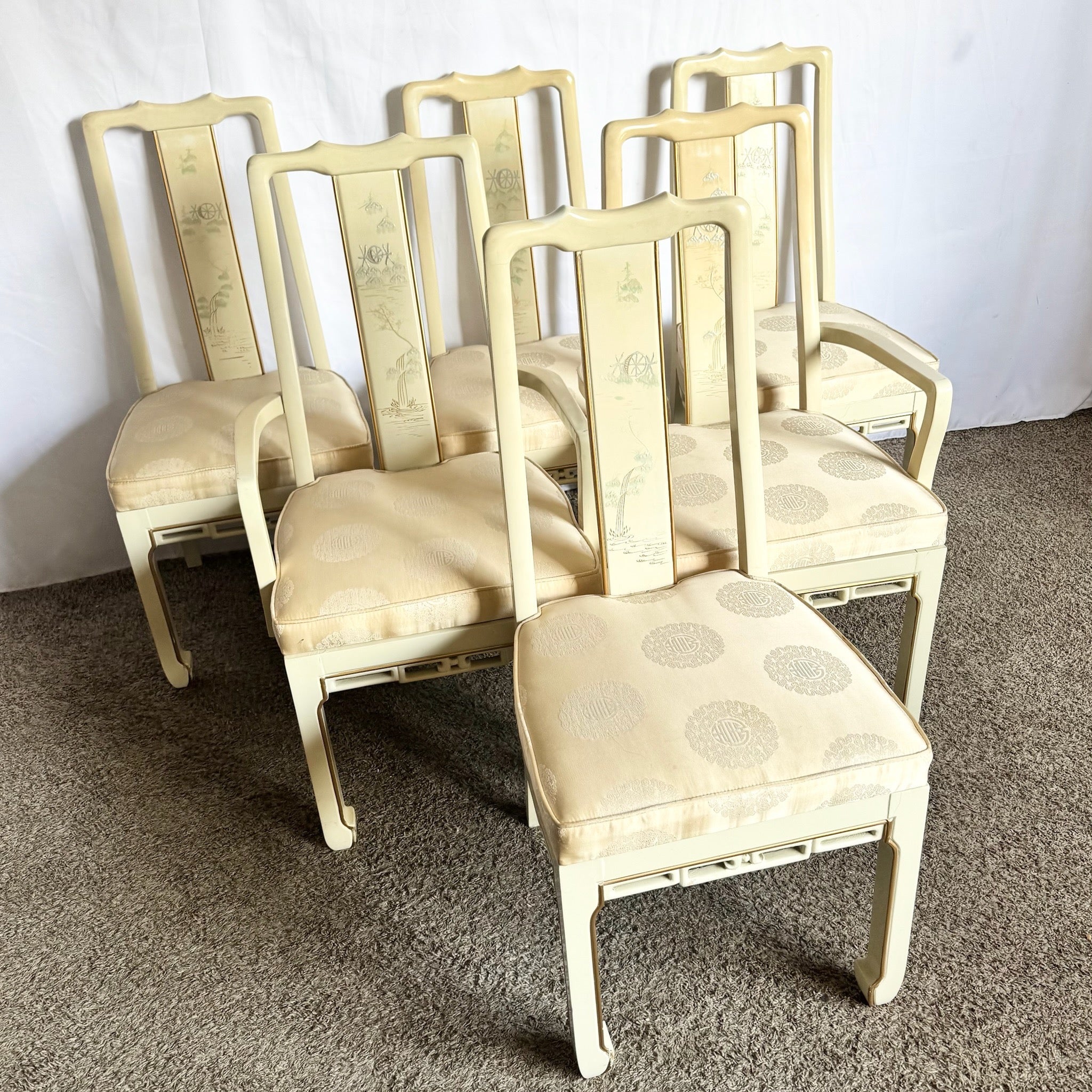Vintage Chinese Cream Lacquered Hand Painted Dining Chairs - Set of 6 - Dolphin & Flamingo