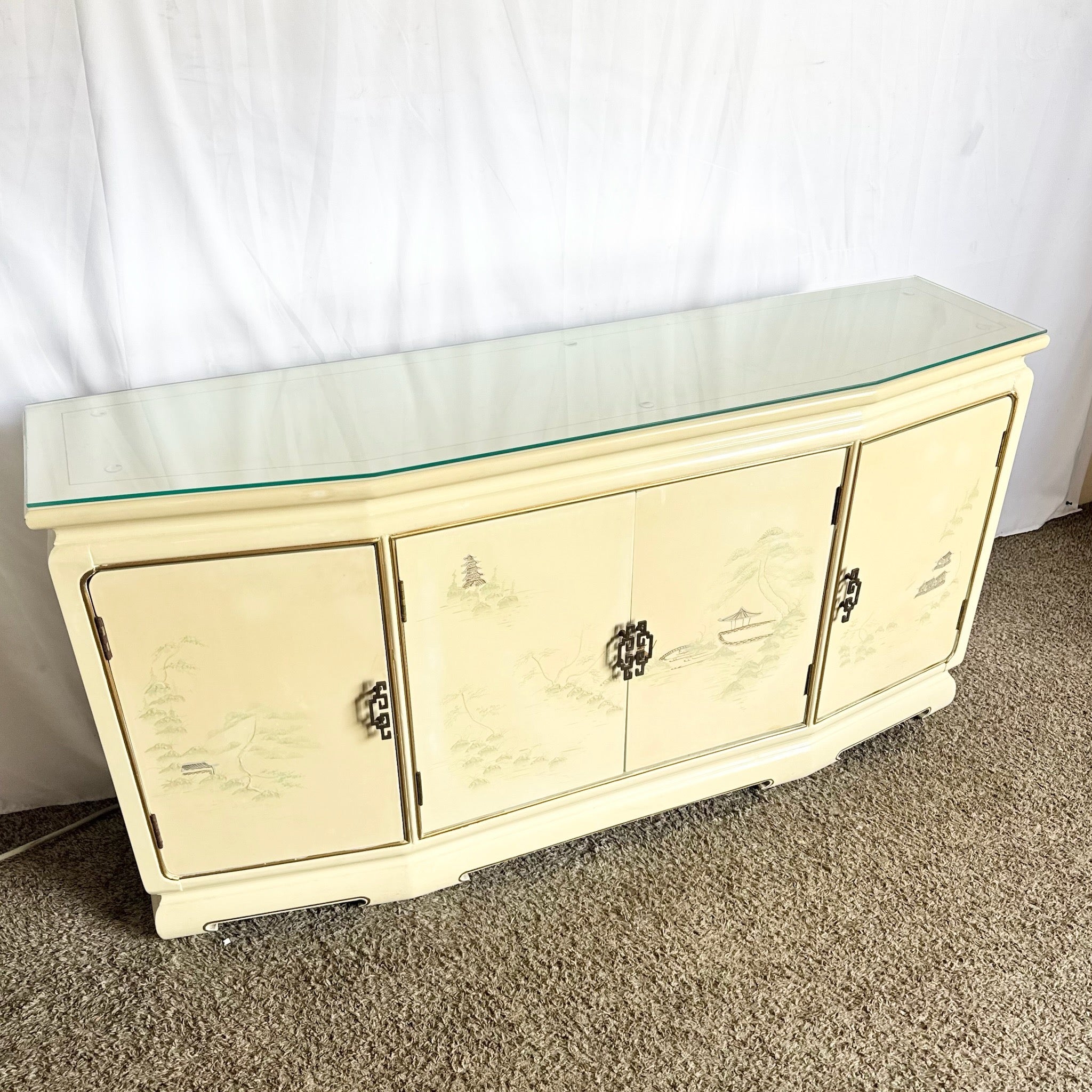 Vintage Chinese Cream Lacquered Hand Painted Glass Top Credenza/Buffet - Dolphin & Flamingo