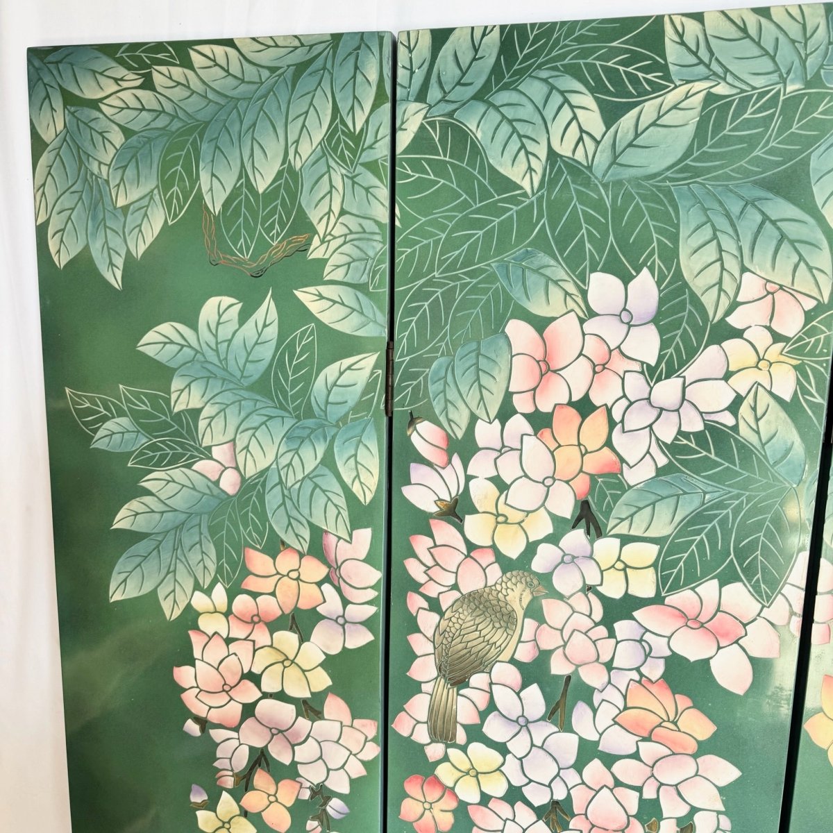 Vintage Chinese Hand Painted and Carved Green Room Divider/Screen - Dolphin & Flamingo