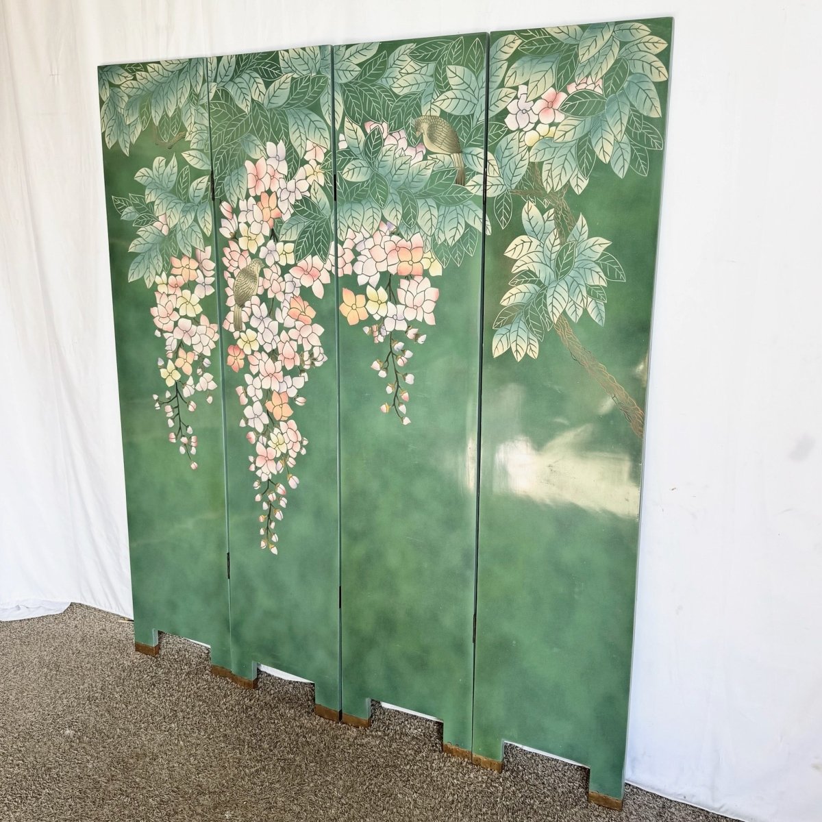 Vintage Chinese Hand Painted and Carved Green Room Divider/Screen - Dolphin & Flamingo