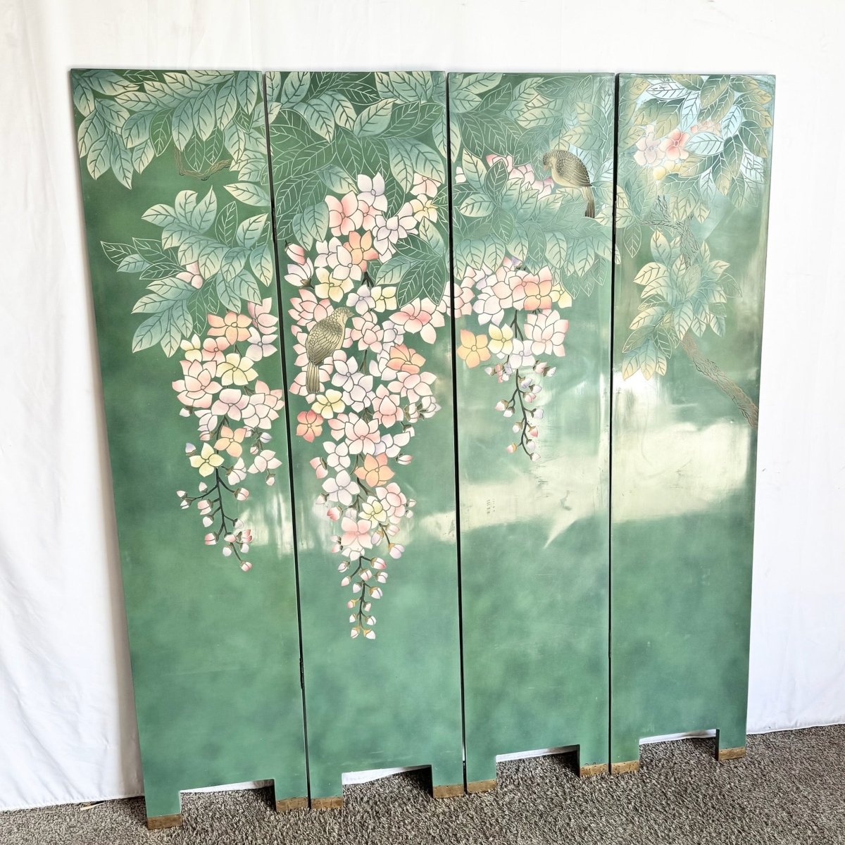 Vintage Chinese Hand Painted and Carved Green Room Divider/Screen - Dolphin & Flamingo