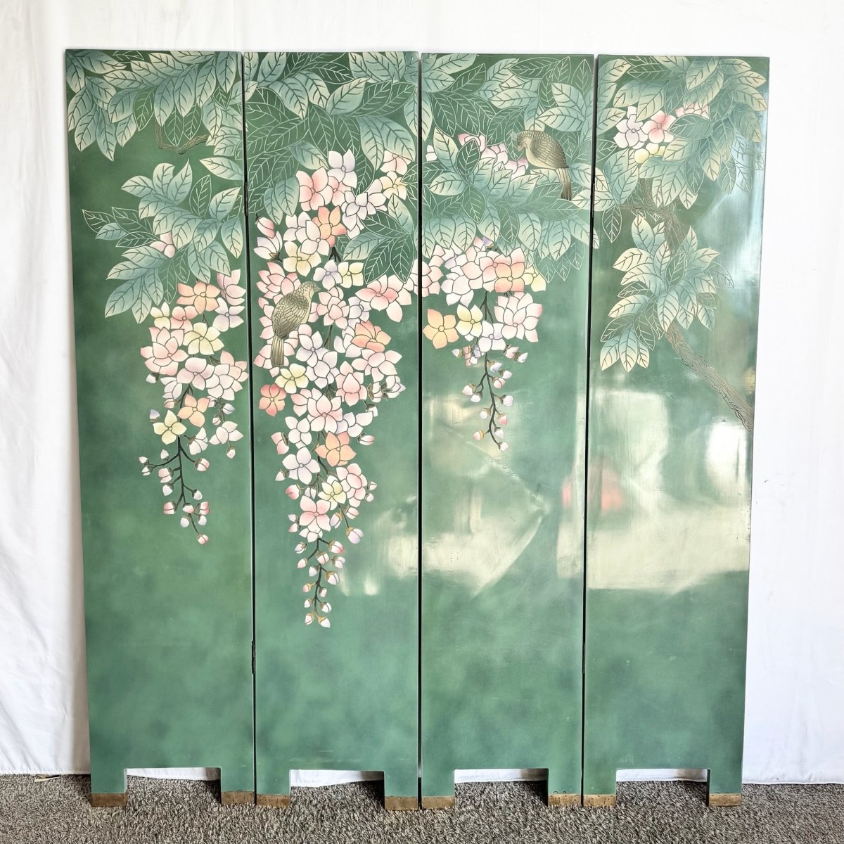 Vintage Chinese Hand Painted and Carved Green Room Divider/Screen - Dolphin & Flamingo
