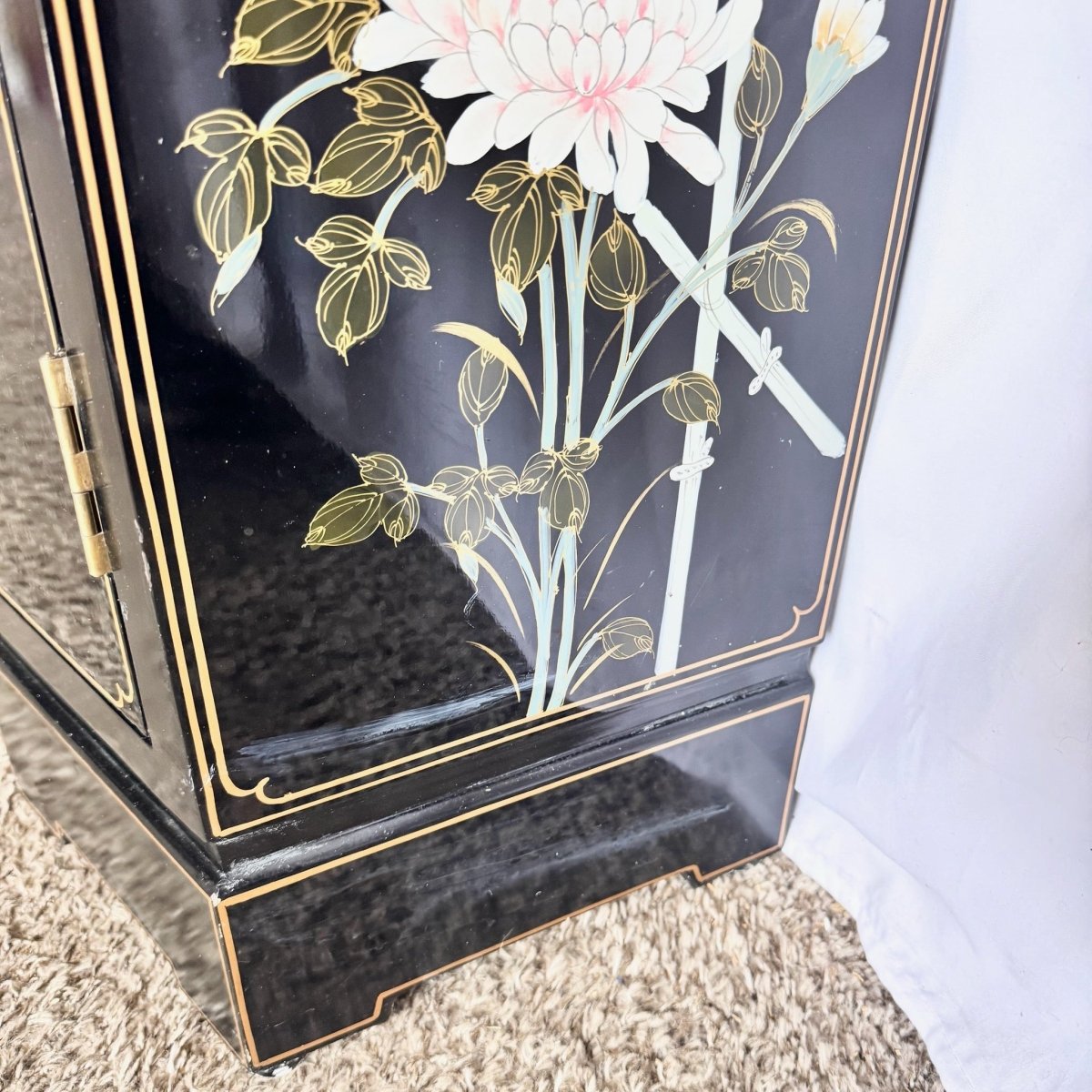 Vintage Chinese Hand Painted Black Lacquered Credenza Cabinet - Dolphin & Flamingo