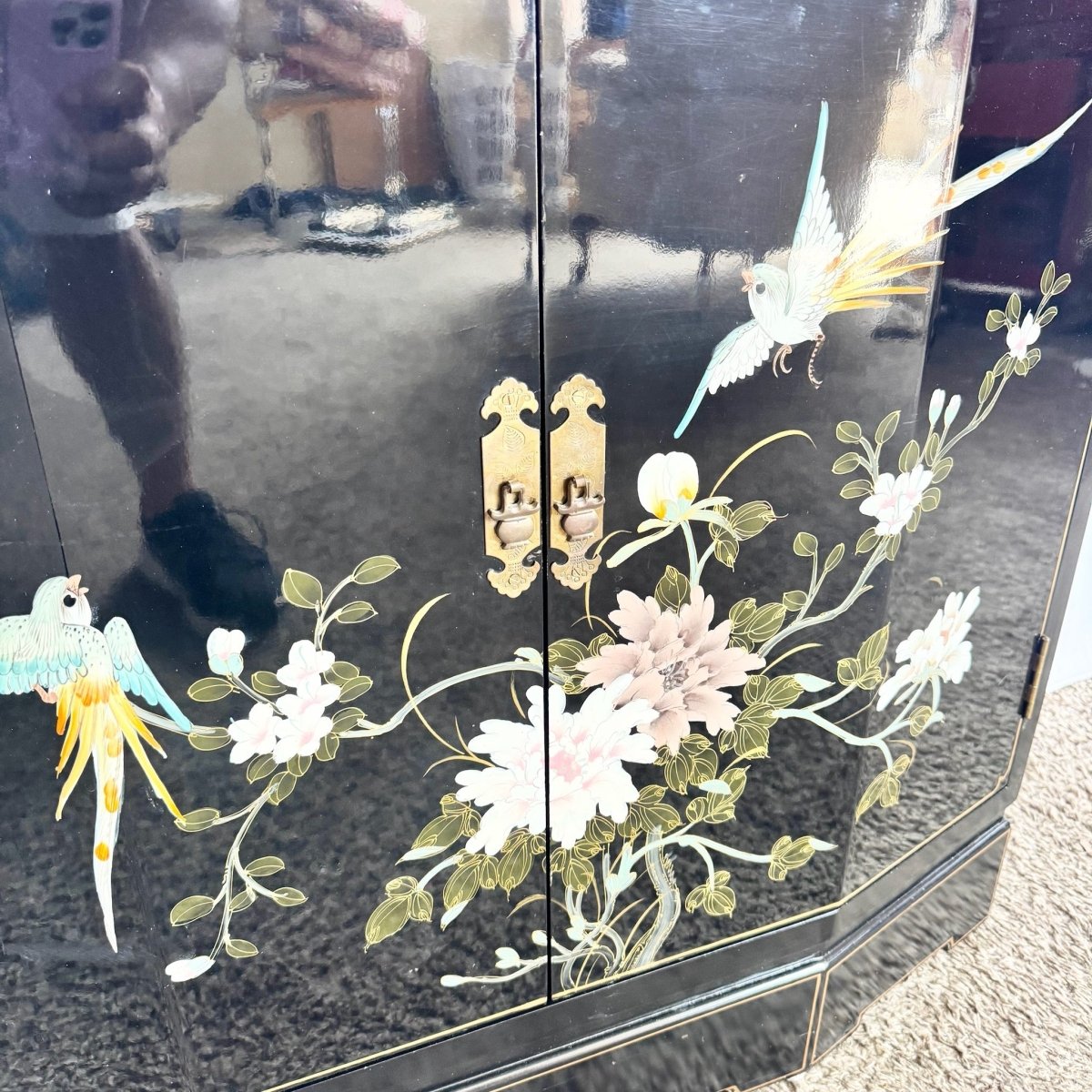 Vintage Chinese Hand Painted Black Lacquered Credenza Cabinet - Dolphin & Flamingo