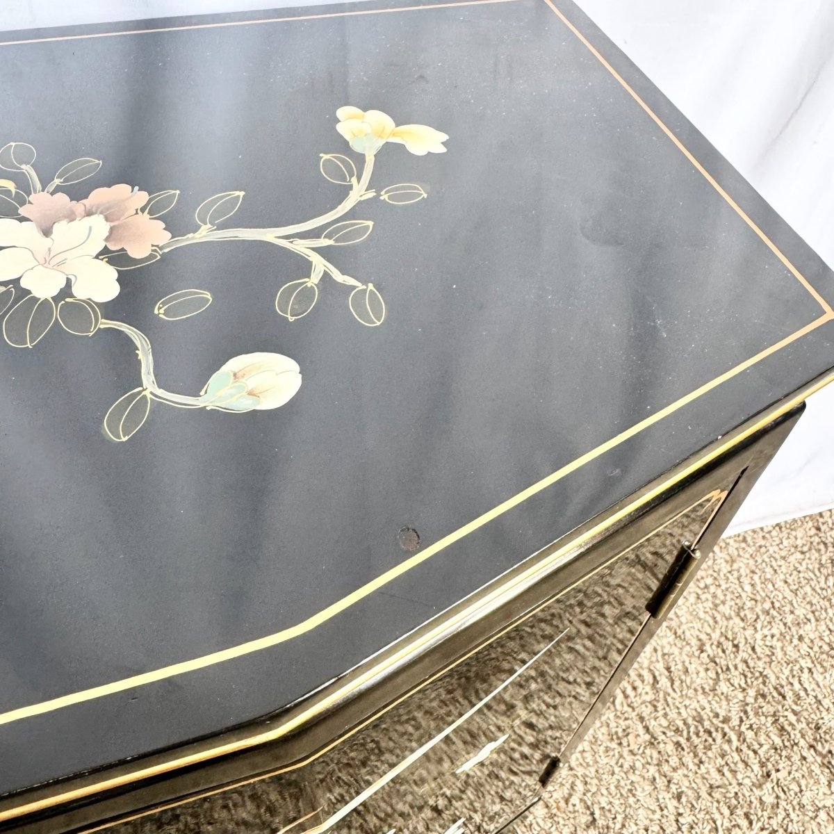 Vintage Chinese Hand Painted Black Lacquered Credenza Cabinet - Dolphin & Flamingo