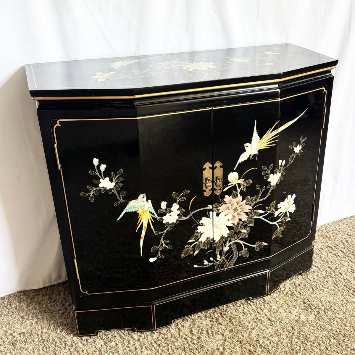 Vintage Chinese Hand Painted Black Lacquered Credenza Cabinet - Dolphin & Flamingo