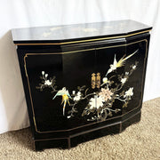 Vintage Chinese Hand Painted Black Lacquered Credenza Cabinet - Dolphin & Flamingo