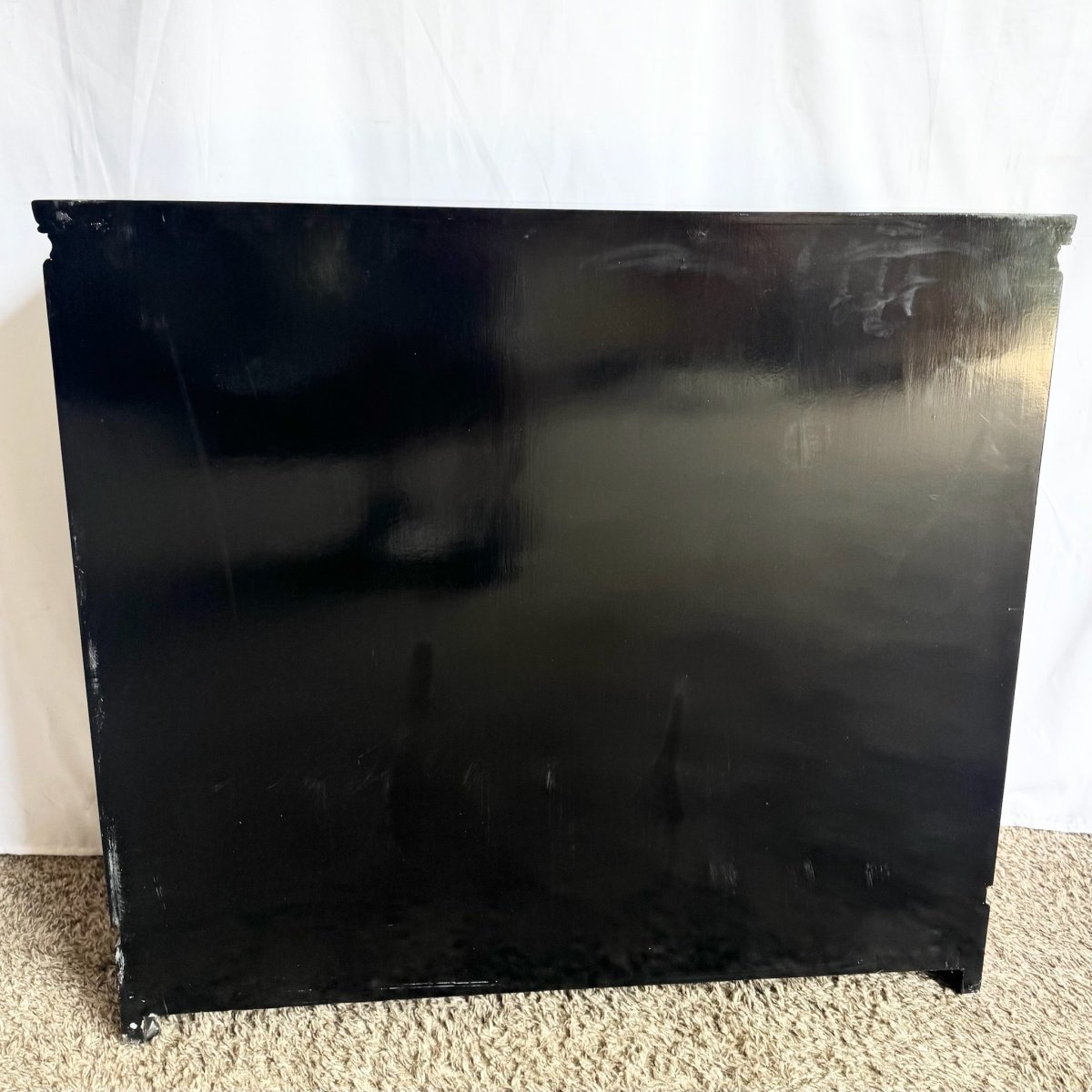 Vintage Chinese Hand Painted Black Lacquered Credenza Cabinet - Dolphin & Flamingo
