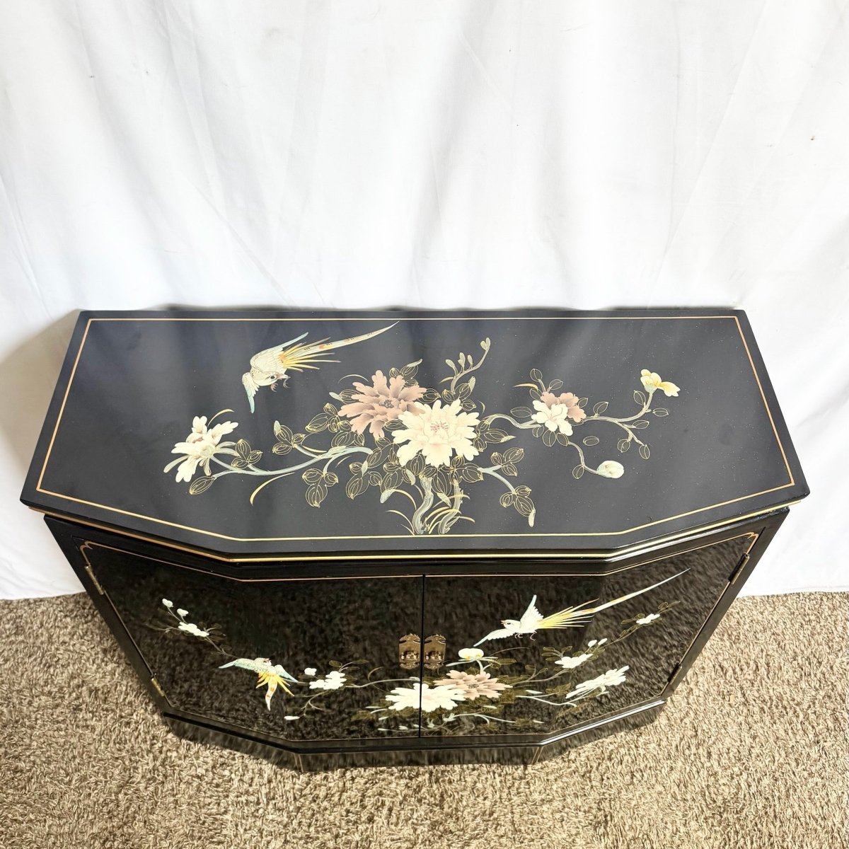 Vintage Chinese Hand Painted Black Lacquered Credenza Cabinet - Dolphin & Flamingo