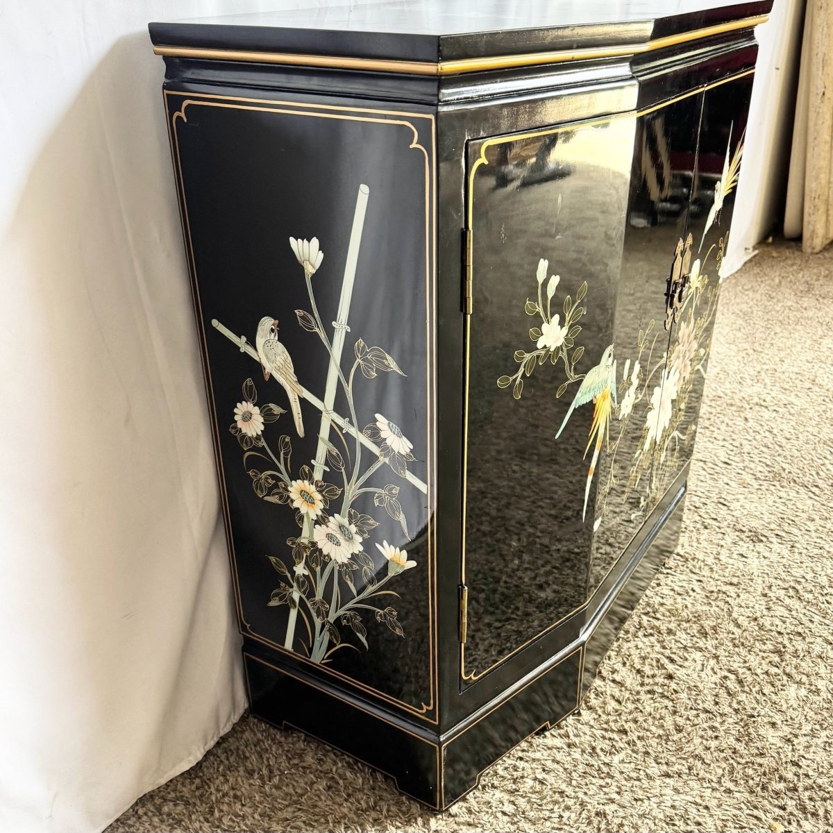 Vintage Chinese Hand Painted Black Lacquered Credenza Cabinet - Dolphin & Flamingo